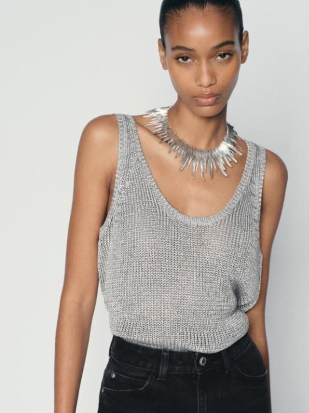 Zara Silver Metallic Knit Tank Top